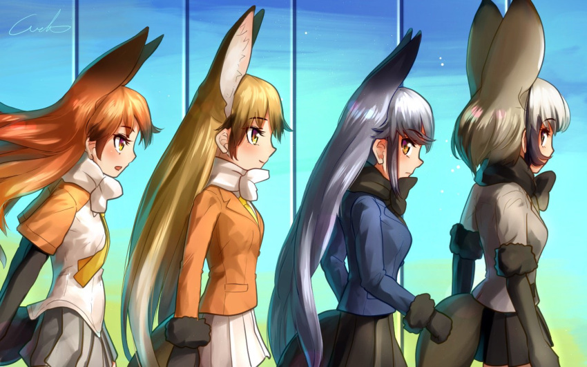 4girls animal_ears bat-eared_fox_(kemono_friends) black_hair blush bow bowtie coat commentary_request elbow_gloves extra_ears eyebrows_visible_through_hair ezo_red_fox_(kemono_friends) fox_ears fox_tail fur_trim gloves grey_hair kemono_friends long_hair long_sleeves multicolored_hair multiple_girls necktie orange_hair pleated_skirt profile red_fox_(kemono_friends) redhead scarf short_hair short_sleeves sidelocks silver_fox_(kemono_friends) silver_hair skirt tail welt_(kinsei_koutenkyoku)