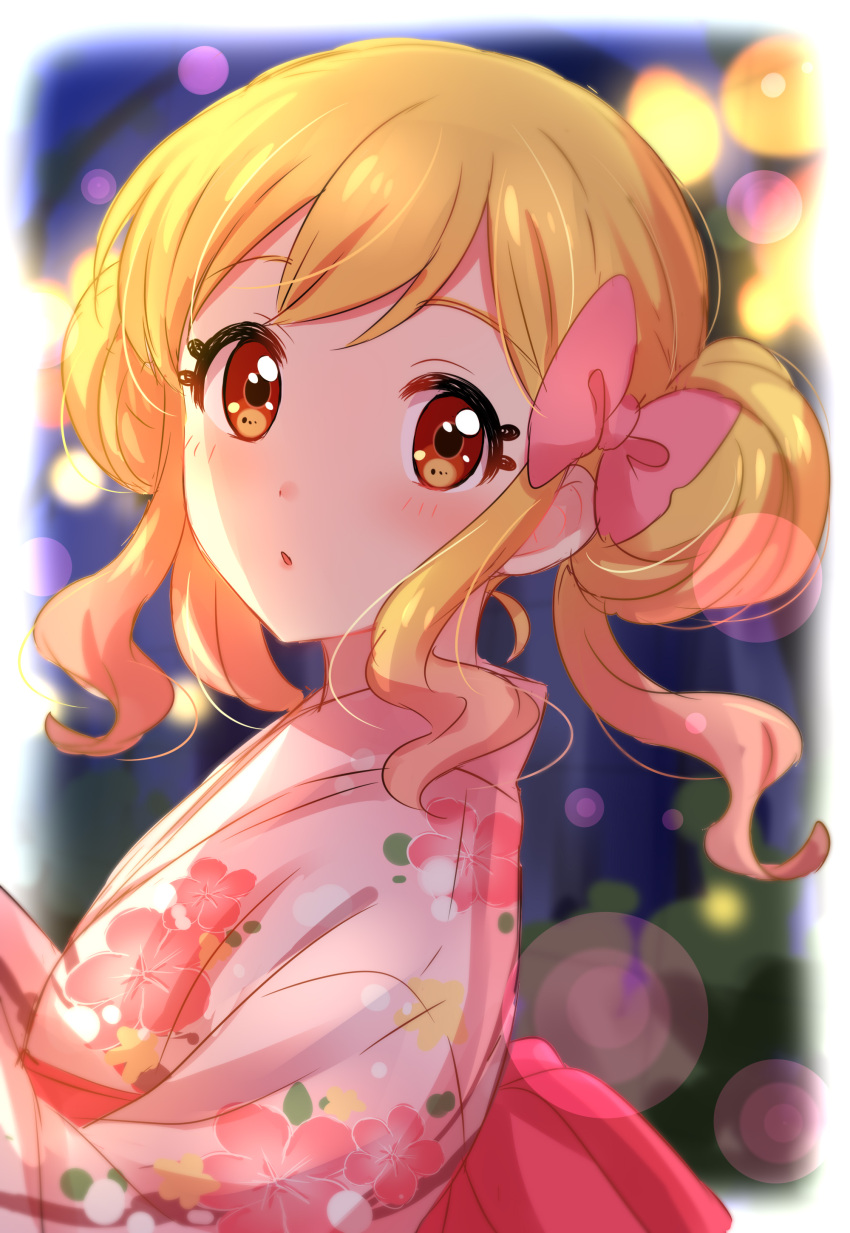 1girl :o absurdres aikatsu!_(series) aikatsu_stars! blonde_hair blurry blurry_background blush bow depth_of_field floral_print from_side gradient_hair hair_bow highres japanese_clothes kimono looking_at_viewer multicolored_hair nijino_yume orange_eyes parted_lips pink_bow pink_kimono sekina short_hair solo upper_body