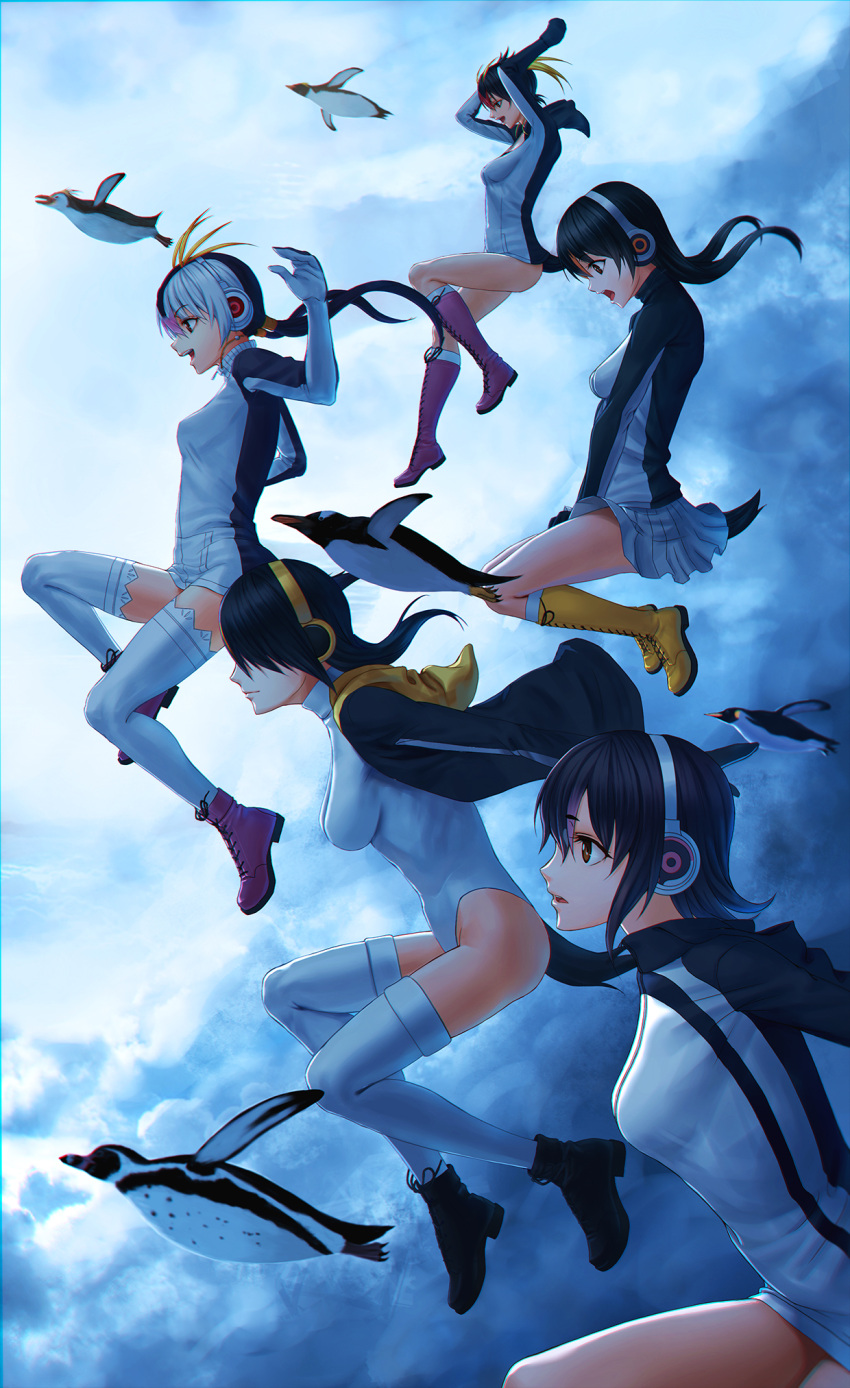 5girls animal arm_up arms_up bangs black_footwear black_hair black_hoodie black_jacket blonde_hair boots breasts brown_eyes closed_mouth clouds commentary_request cross-laced_footwear day drawstring emperor_penguin emperor_penguin_(kemono_friends) eyebrows_visible_through_hair falling floating_hair from_side gentoo_penguin gentoo_penguin_(kemono_friends) gloves hair_over_one_eye hair_tie headphones highres hood hood_down hooded_jacket hoodie humboldt_penguin humboldt_penguin_(kemono_friends) jacket kemono_friends knee_boots kneehighs lace-up_boots leotard long_hair long_sleeves looking_away looking_down low_twintails medium_breasts miniskirt multicolored_hair multiple_girls open_clothes open_hoodie open_mouth outdoors outstretched_arms penguins_performance_project_(kemono_friends) pink_footwear pleated_skirt profile red_eyes redhead rockhopper_penguin rockhopper_penguin_(kemono_friends) royal_penguin royal_penguin_(kemono_friends) short_hair sidelocks sion_(9117) skirt skirt_tug small_breasts smile streaked_hair thigh-highs turtleneck twintails white_gloves white_hair white_jacket white_legwear white_leotard white_skirt wind yellow_footwear