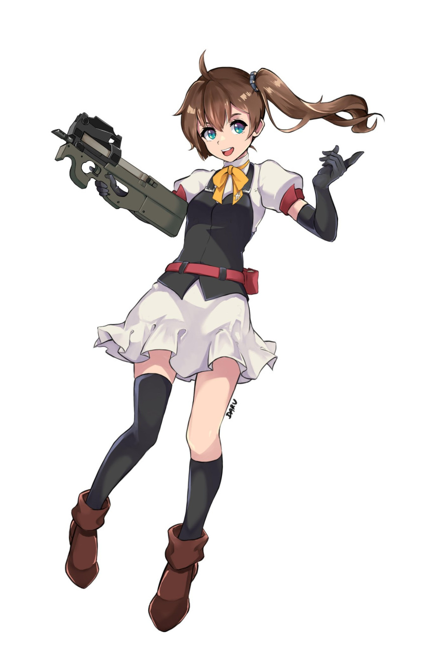 1girl artist_name asymmetrical_legwear belt_pouch blue_eyes boots bow bowtie brown_hair bullpup commentary daru elbow_gloves english_commentary girls_frontline gloves gun happy highres original p90 p90_(girls_frontline) ponytail pouch solo submachine_gun thigh-highs weapon white_background