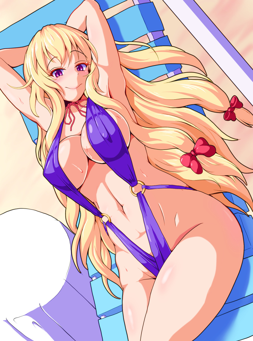 1girl armpits arms_behind_head beach beach_chair bikini blonde_hair breasts commentary_request hair_ribbon highres large_breasts long_hair multiple_tails navel nioti o-ring o-ring_swimsuit outstretched_arms purple_bikini red_neckwear red_ribbon ribbon sand spread_arms swimsuit tail touhou tress_ribbon very_long_hair violet_eyes yakumo_yukari
