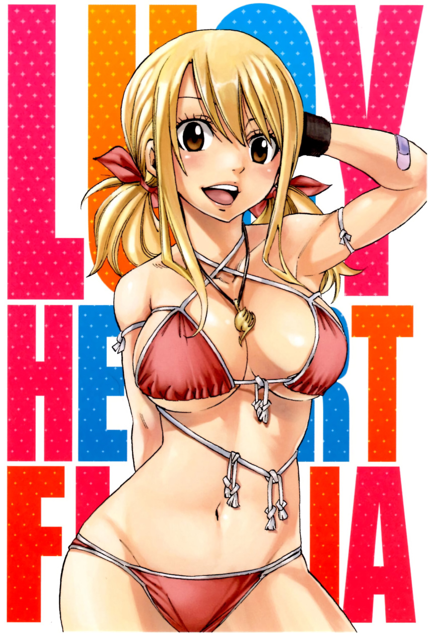 1girl arm_behind_back arm_strap arm_up bandaid_on_arm bikini blonde_hair breasts brown_eyes character_name cleavage contrapposto criss-cross_halter fairy_tail halter_top halterneck hand_behind_head highres jewelry large_breasts long_hair lucy_heartfilia mashima_hiro navel necklace official_art open_mouth red_bikini solo swimsuit twintails under_boob upper_teeth wristband