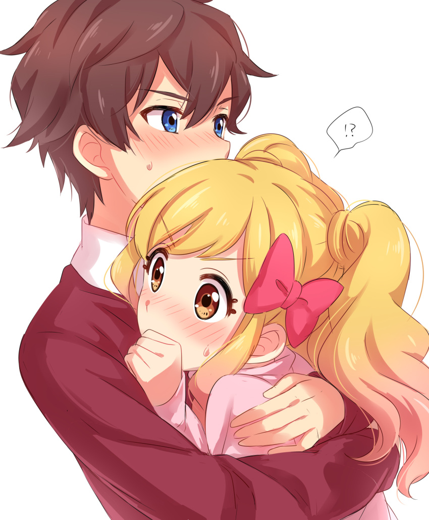 !? 1boy 1girl aikatsu!_(series) aikatsu_stars! bangs blonde_hair blue_eyes blush bow brown_eyes brown_hair collared_shirt commentary_request embarrassed eyebrows_visible_through_hair from_side gradient_hair hair_between_eyes hair_bow highres hug jacket long_sleeves multicolored_hair nijino_yume pink_bow pink_hair pink_jacket red_jacket sekina shirt simple_background speech_bubble spoken_interrobang surprised sweatdrop twintails white_background white_shirt yuuki_subaru