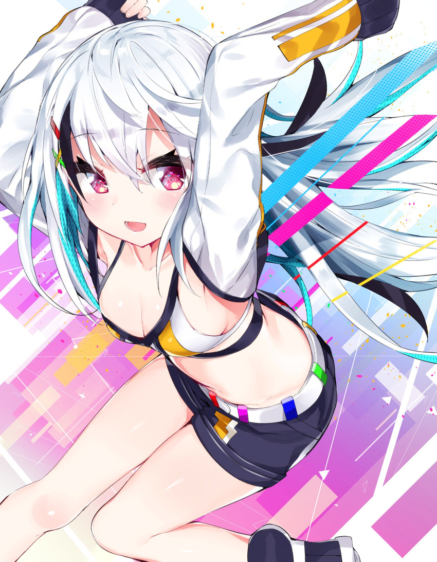 1girl :d absurdres arms_up bangs bikini_top black_shorts blue_hair blush breasts cleavage collarbone commentary_request eyebrows_visible_through_hair fingernails from_above hair_between_eyes hair_ornament hairclip highres kamioka_shun'ya long_hair long_sleeves looking_at_viewer medium_breasts multicolored_hair open_mouth original pinching_sleeves red_eyes shiori_(kamioka_shun'ya) short_shorts shorts silver_hair sleeves_past_wrists smile solo two-tone_hair very_long_hair white_belt white_bikini_top x_hair_ornament
