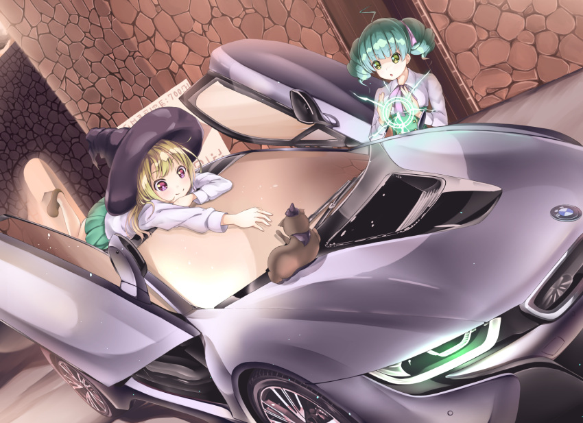 2girls ahoge animal black_footwear black_hat blonde_hair bmw bmw_i8 car cat chestnut_mouth closed_mouth collared_shirt commentary_request drill_hair glowing green_eyes green_hair green_skirt ground_vehicle hair_ribbon hat highres leg_up long_hair long_sleeves lying magic_circle mini_hat mini_witch_hat motor_vehicle multiple_girls on_stomach on_vehicle original parted_lips pleated_skirt purple_ribbon ribbon sagaradai shirt shoes skirt smile standing twin_drills underbust violet_eyes white_shirt witch witch_hat