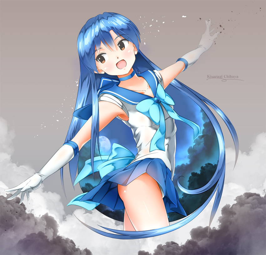 1girl bishoujo_senshi_sailor_moon blue_bow blue_hair blue_skirt bow bowtie brown_eyes character_name clouds cosplay cropped_legs elbow_gloves floating_hair gloves grey_background head_tilt highres idolmaster idolmaster_(classic) kisaragi_chihaya long_hair miniskirt ns.x open_mouth outstretched_arms pleated_skirt sailor_collar sailor_mercury sailor_mercury_(cosplay) shiny shiny_skin shirt skirt sleeveless sleeveless_shirt solo very_long_hair white_gloves white_shirt