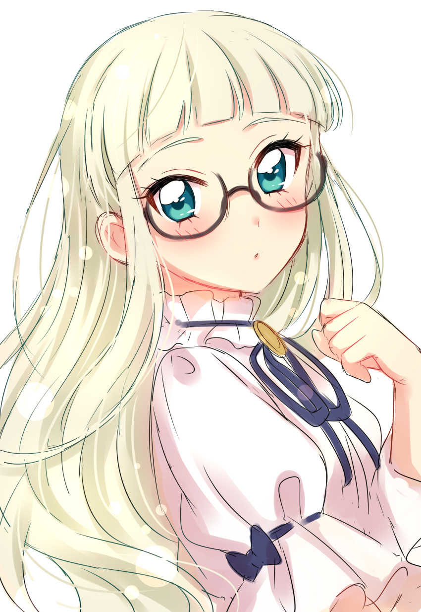 1girl absurdres aikatsu! aikatsu!_(series) bangs black-framed_eyewear blonde_hair blue_eyes blue_neckwear blue_ribbon blunt_bangs blush dress from_side glasses hand_up highres lens_flare long_hair looking_at_viewer looking_to_the_side neck_ribbon parted_lips puffy_short_sleeves puffy_sleeves ribbon sekina semi-rimless_eyewear short_sleeves simple_background solo toudou_yurika under-rim_eyewear upper_body white_background white_dress