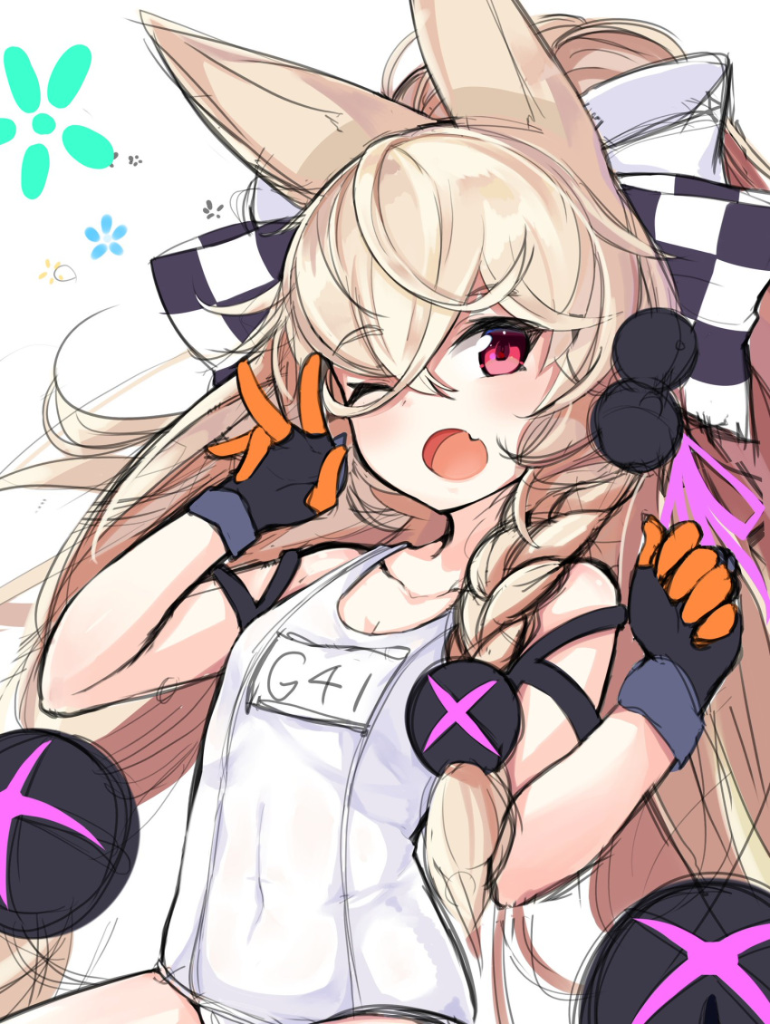 1girl ;o bangs bare_shoulders black_gloves blonde_hair bow braid breasts character_name checkered checkered_bow collarbone commentary covered_navel eyebrows_visible_through_hair fang g41_(girls_frontline) girls_frontline gloves hair_between_eyes hair_bow hair_ornament hair_ribbon hands_up head_tilt highres long_hair low-tied_long_hair name_tag ohshit old_school_swimsuit one-piece_swimsuit one_eye_closed open_mouth pink_ribbon red_eyes ribbon school_swimsuit simple_background sketch small_breasts solo swimsuit very_long_hair white_background white_school_swimsuit white_swimsuit