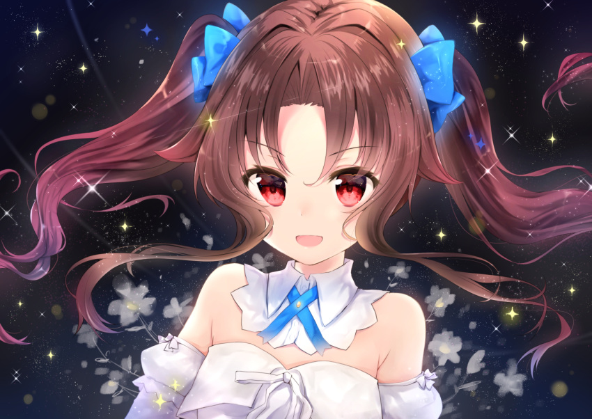 1girl :d bangs bare_shoulders blue_bow blush bow brown_hair commentary detached_collar detached_sleeves dress eyebrows_visible_through_hair flower forehead gyozanuko hair_between_eyes hair_bow long_hair long_sleeves looking_at_viewer open_mouth parted_bangs puffy_short_sleeves puffy_sleeves red_eyes ryuuou_no_oshigoto! short_over_long_sleeves short_sleeves sidelocks smile solo strapless strapless_dress twintails white_collar white_dress white_flower yashajin_ai