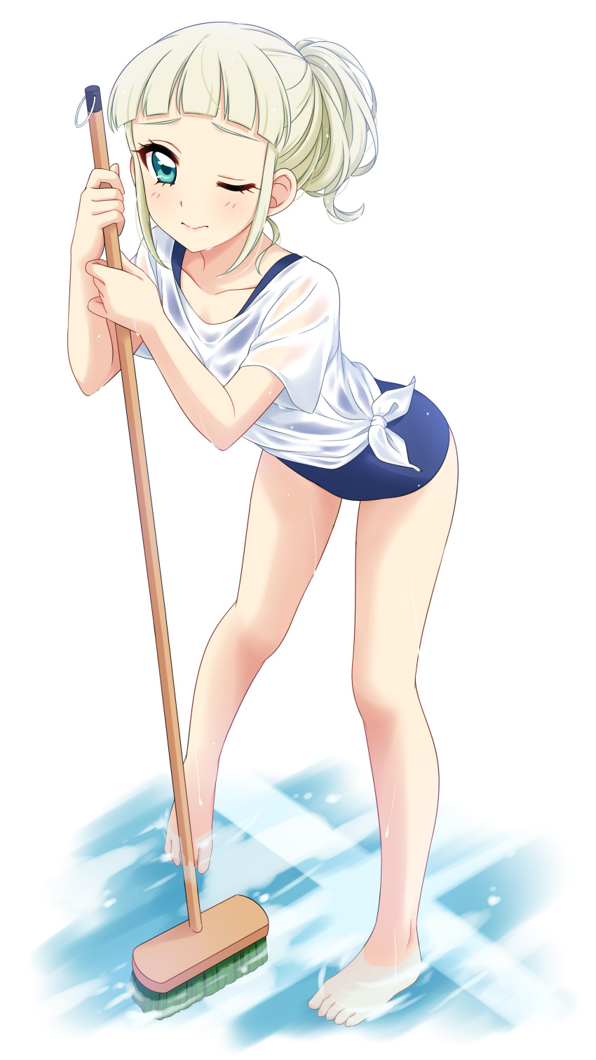 1girl absurdres aikatsu! aikatsu!_(series) aqua_eyes bangs bare_legs barefoot blonde_hair blue_swimsuit blunt_bangs blush broom closed_mouth commentary_request full_body highres holding holding_broom leaning_forward legs_apart one-piece_swimsuit one_eye_closed pigeon-toed ponytail school_swimsuit sekina shirt short_sleeves simple_background solo standing swimsuit swimsuit_under_clothes tied_shirt tired toudou_yurika water wet wet_clothes wet_shirt white_background white_shirt