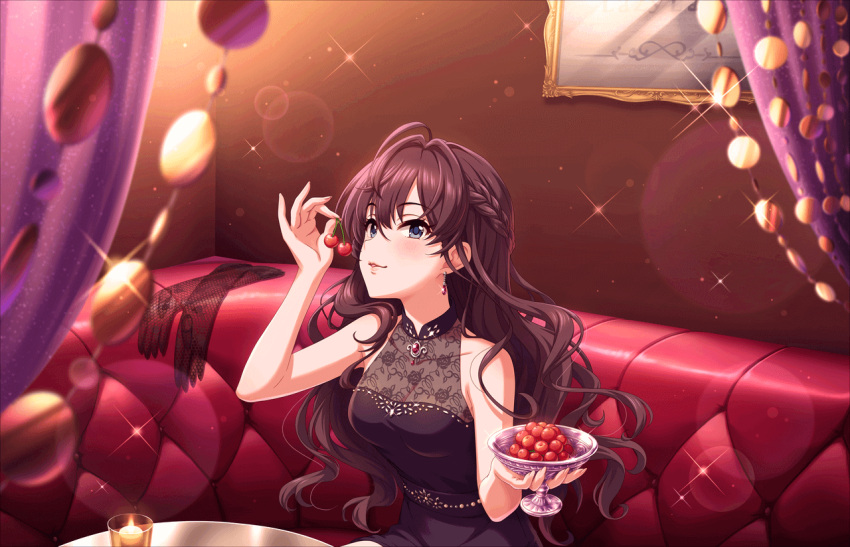 1girl :3 ahoge artist_request bangs bare_shoulders black_dress blue_eyes breasts brown_hair candle cherry collarbone couch crazy_crazy_(idolmaster) dress earrings elbow_gloves eyebrows_visible_through_hair food fruit gloves gloves_removed ichinose_shiki idolmaster idolmaster_cinderella_girls idolmaster_cinderella_girls_starlight_stage jewelry lace long_hair looking_at_viewer makeup medium_breasts official_art sitting sleeveless sleeveless_dress smile solo table wavy_hair