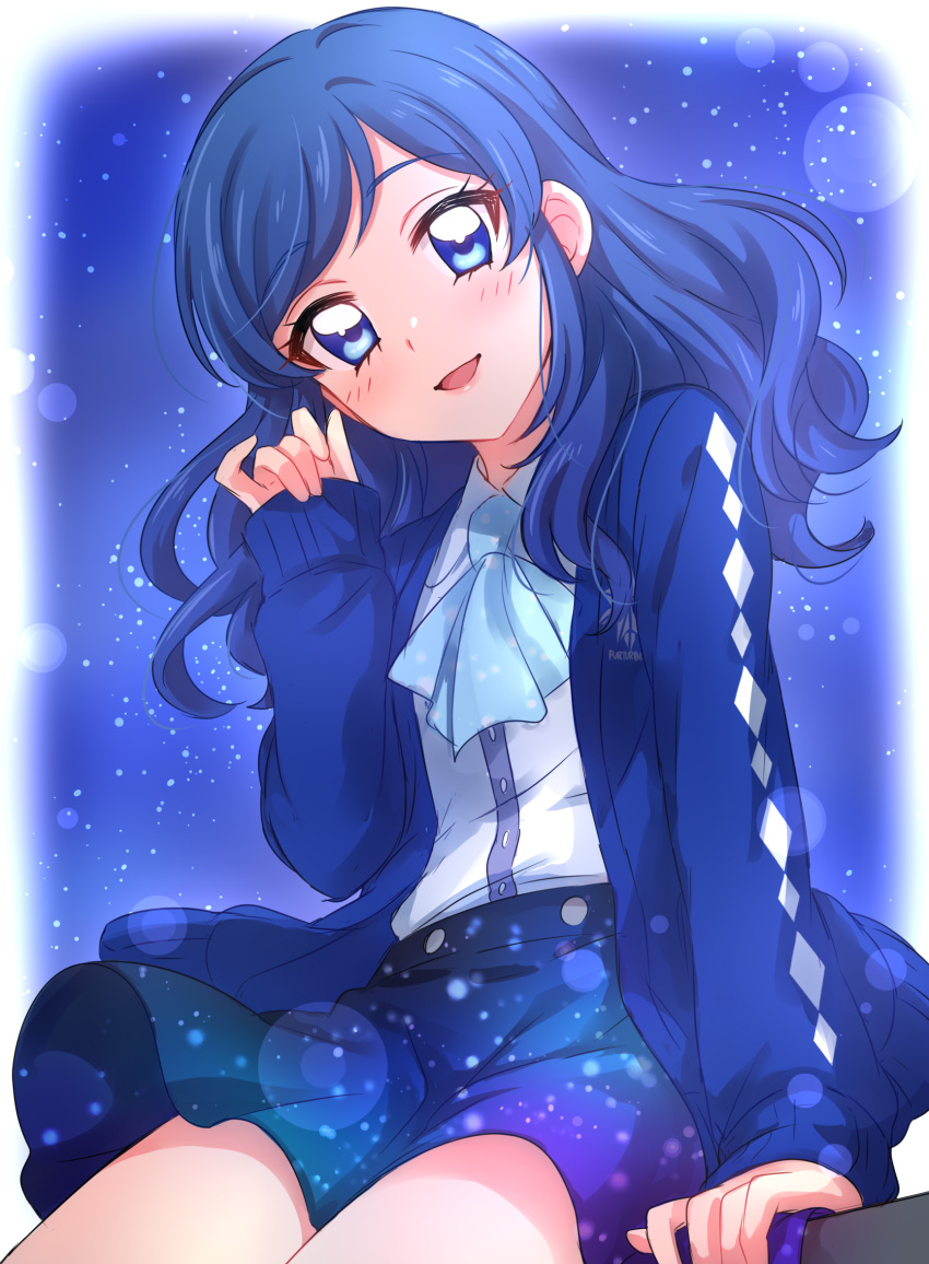 1girl :d aikatsu! aikatsu!_(series) arm_support bangs blue_background blue_eyes blue_hair blush cowboy_shot cravat eyebrows_visible_through_hair highres jacket kiriya_aoi lens_flare light_particles long_hair long_sleeves looking_at_viewer open_clothes open_jacket open_mouth parted_lips pink_lips sekina shirt sitting skirt smile solo swept_bangs white_shirt