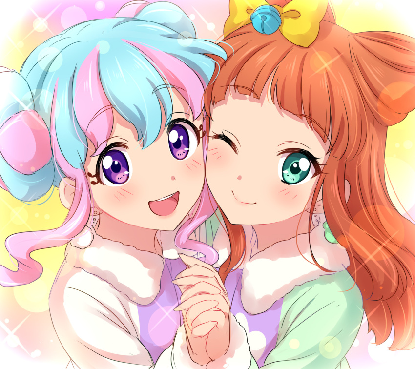 2girls :d aikatsu!_(series) aikatsu_stars! bangs bell blue_eyes blue_hair blush bow brown_hair double_bun earrings eyebrows_visible_through_hair eyelashes fur_trim hair_bell hair_bow hair_ornament hanazono_kirara hand_holding highres interlocked_fingers jewelry jingle_bell long_hair long_sleeves looking_at_viewer multicolored_hair multiple_girls one_eye_closed open_mouth pink_hair saotome_ako sekina smile sparkle two-tone_hair violet_eyes