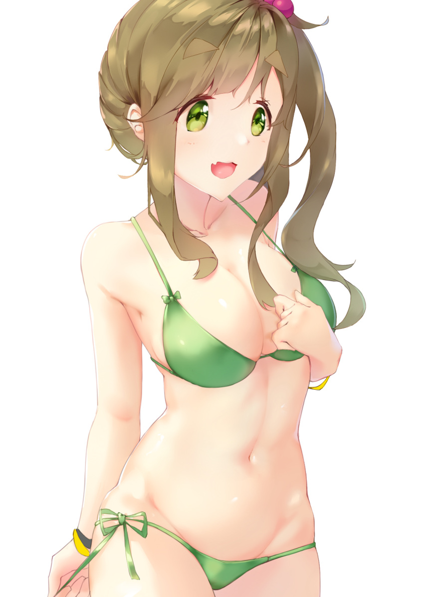 1girl bangs blush breasts brown_hair cleavage dgle3370 eyebrows_visible_through_hair fang fang_out green_eyes hair_bobbles hair_ornament highres inuyama_aoi large_breasts navel open_mouth side_ponytail smile solo swept_bangs swimsuit thick_eyebrows yurucamp