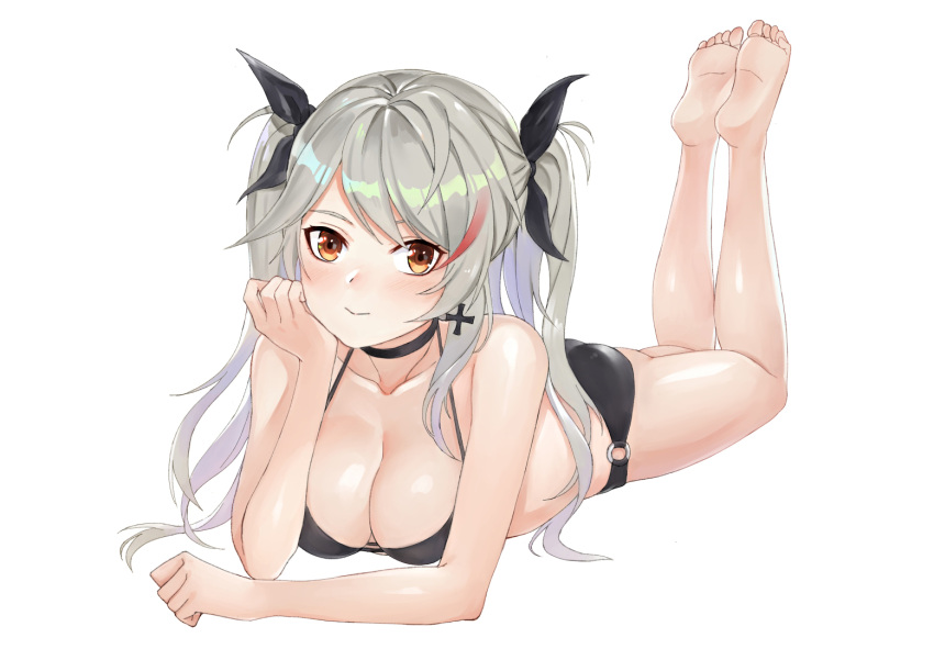 1girl alternate_costume antenna_hair azur_lane bangs barefoot bikini black_bikini blush breasts brown_eyes choker collarbone cross cross_earrings earrings eyebrows_visible_through_hair feet feet_up hair_between_eyes head_on_hand iron_cross jewelry large_breasts long_hair looking_at_viewer lying mole mole_on_breast multicolored_hair o-ring o-ring_bikini on_stomach prinz_eugen_(azur_lane) redhead ribbon sidelocks silver_hair simple_background smile soles solo streaked_hair swimsuit toes two_side_up very_long_hair white_background z'co