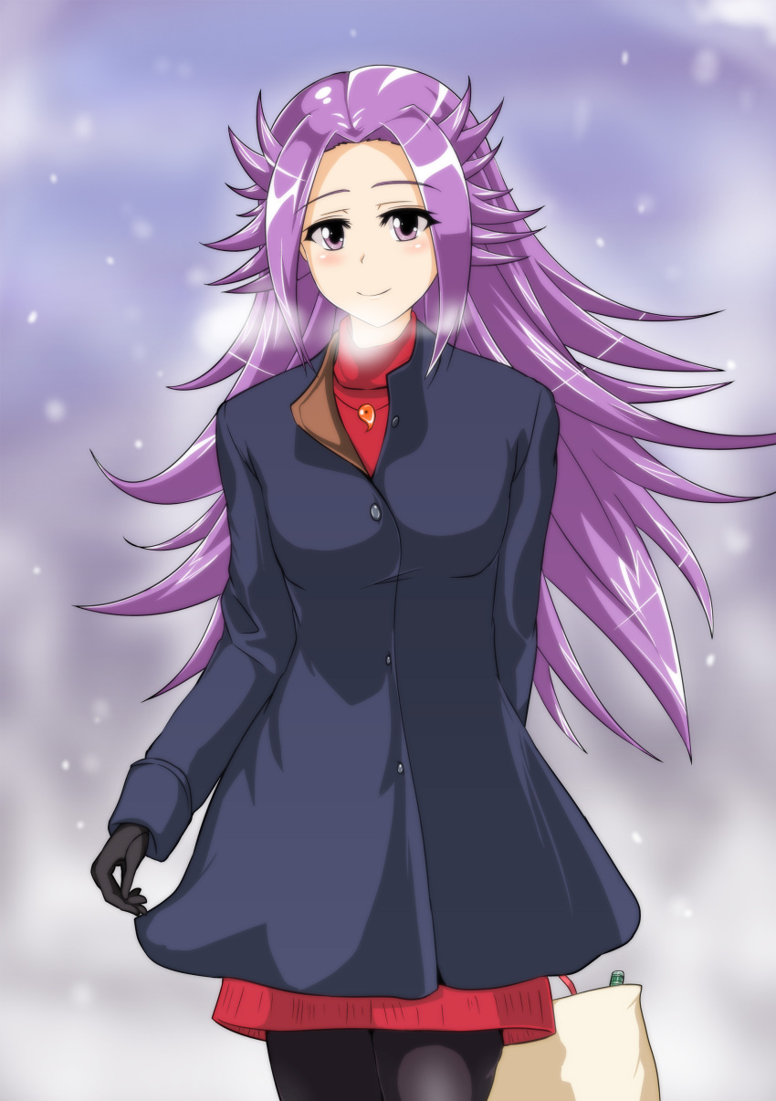 1girl absurdres bag black_gloves blush breasts coat commentary_request contemporary gloves highres jun'you_(kantai_collection) kantai_collection long_hair looking_at_viewer magatama_necklace purple_hair sangyou_haikibutsu_a smile solo spiky_hair sweater violet_eyes winter_clothes winter_coat