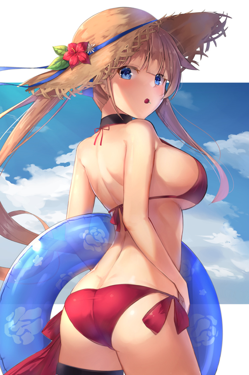 1girl ahoge alternate_costume ass back bangs bare_arms bare_shoulders bikini black_choker blue_eyes blue_innertube blue_sky blush breasts brown_hair butt_crack cherry choker clouds cowboy_shot day eyebrows_visible_through_hair fal_(girls_frontline) floral_print flower food food_in_mouth from_behind fruit girls_frontline hat hat_flower hat_ribbon highres holding holding_innertube innertube large_breasts light_brown_hair long_hair looking_at_viewer looking_back motokonut mouth_hold outdoors outside_border parted_lips print_innertube red_bikini red_flower ribbon rose_print shoulder_blades side-tie_bikini side_ponytail sidelocks sky solo straw_hat swimsuit thigh_strap thighs transparent twintails very_long_hair