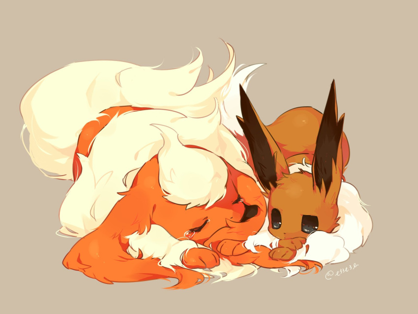 black_eyes closed_mouth commentary_request creatures_(company) crying eevee flareon game_freak gen_1_pokemon grey_background hideko_(l33l3b) highres lying nintendo no_humans pokemon pokemon_(creature) simple_background sleeping tears