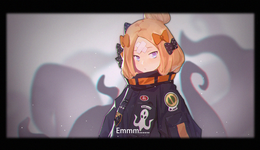 1girl abigail_williams_(fate/grand_order) bangs black_bow black_jacket blonde_hair blurry blurry_background bow closed_mouth commentary_request depth_of_field fate/grand_order fate_(series) hair_bow hair_bun head_tilt heroic_spirit_traveling_outfit jacket key long_hair long_sleeves looking_at_viewer orange_bow parted_bangs polka_dot polka_dot_bow solo star sunligh_mao tentacle upper_body violet_eyes
