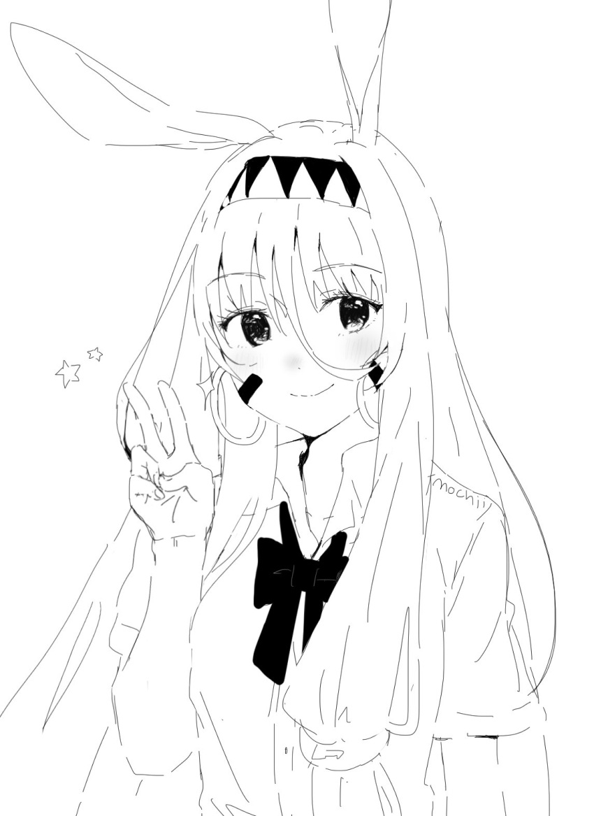1girl animal_ears blush closed_mouth commentary earrings english_commentary facial_mark fate/grand_order fate_(series) greyscale hand_up headband highres hoop_earrings jackal_ears jewelry long_hair looking_at_viewer mochii monochrome nitocris_(fate/grand_order) school_uniform short_sleeves signature simple_background smile solo sparkle v white_background wing_collar