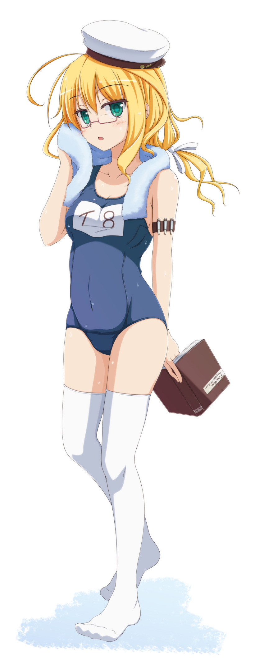 1girl absurdres ahoge aqua_eyes armband bangs blonde_hair blush book breasts commentary_request eyebrows_visible_through_hair glasses hair_between_eyes hair_ribbon hat highres holding holding_book i-8_(kantai_collection) kantai_collection legs looking_at_viewer low_twintails name_tag one-piece_swimsuit open_mouth red-framed_eyewear ribbon sailor_hat school_swimsuit semi-rimless_eyewear shira-nyoro simple_background solo standing swimsuit thigh-highs towel twintails under-rim_eyewear wet white_background