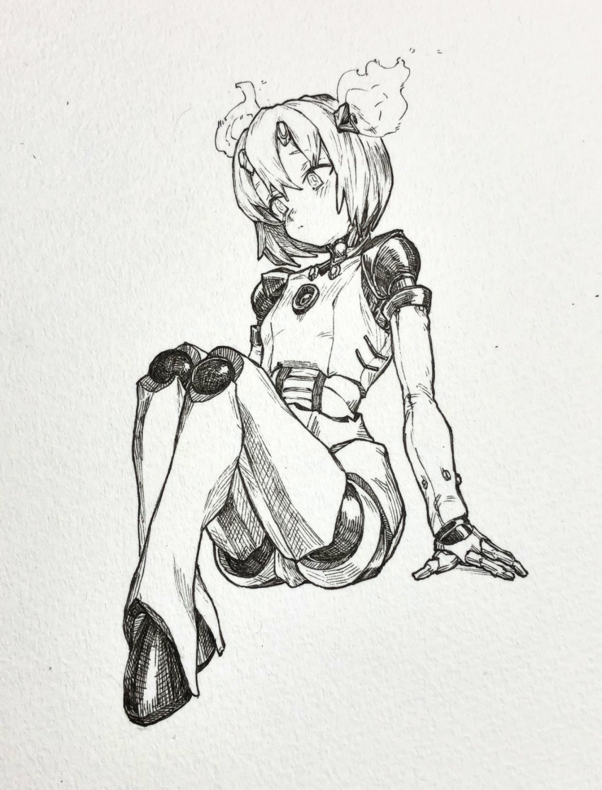 1girl bangs blush closed_mouth commentary_request cyborg expressionless full_body greyscale highres mashimashi monochrome original short_hair sitting solo traditional_media