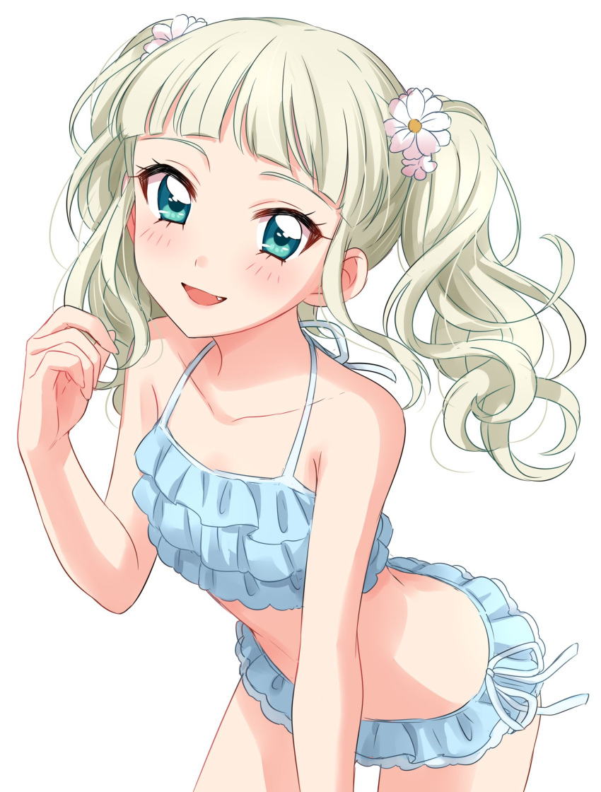 1girl :d aikatsu! aikatsu!_(series) bangs bare_arms bare_shoulders bikini blonde_hair blue_bikini blue_eyes blunt_bangs blush commentary_request fang flower frilled_bikini frills hair_flower hair_ornament hand_up highres leaning_forward looking_at_viewer open_mouth sekina simple_background smile solo standing swimsuit toudou_yurika twintails white_background