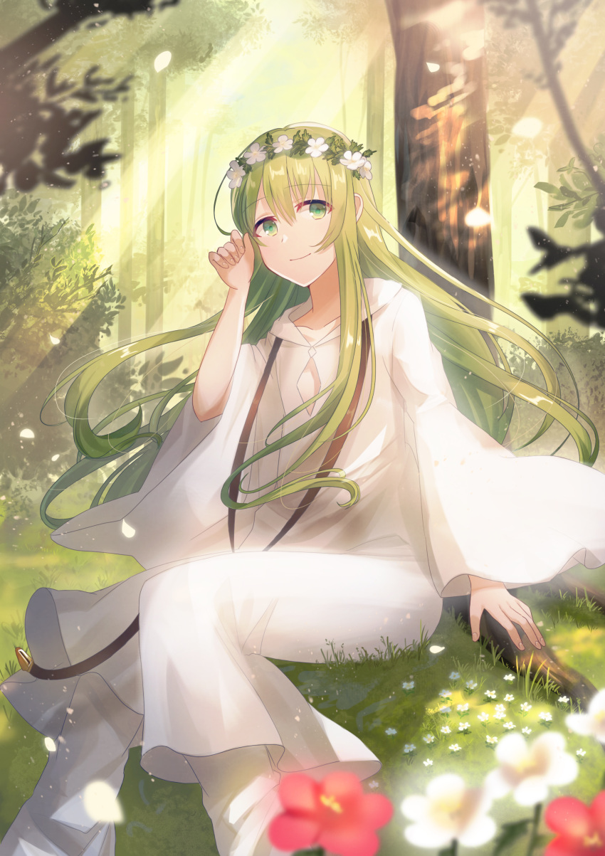 1other absurdres androgynous bangs blurry blurry_foreground blush chihuri closed_mouth collarbone commentary_request dappled_sunlight day depth_of_field enkidu_(fate/strange_fake) eyebrows_visible_through_hair fate/strange_fake fate_(series) fingernails flower forest grass green_eyes green_hair hair_between_eyes hand_up highres long_hair long_sleeves nature on_grass outdoors red_flower robe sitting smile solo sunlight tree very_long_hair white_flower white_robe wide_sleeves
