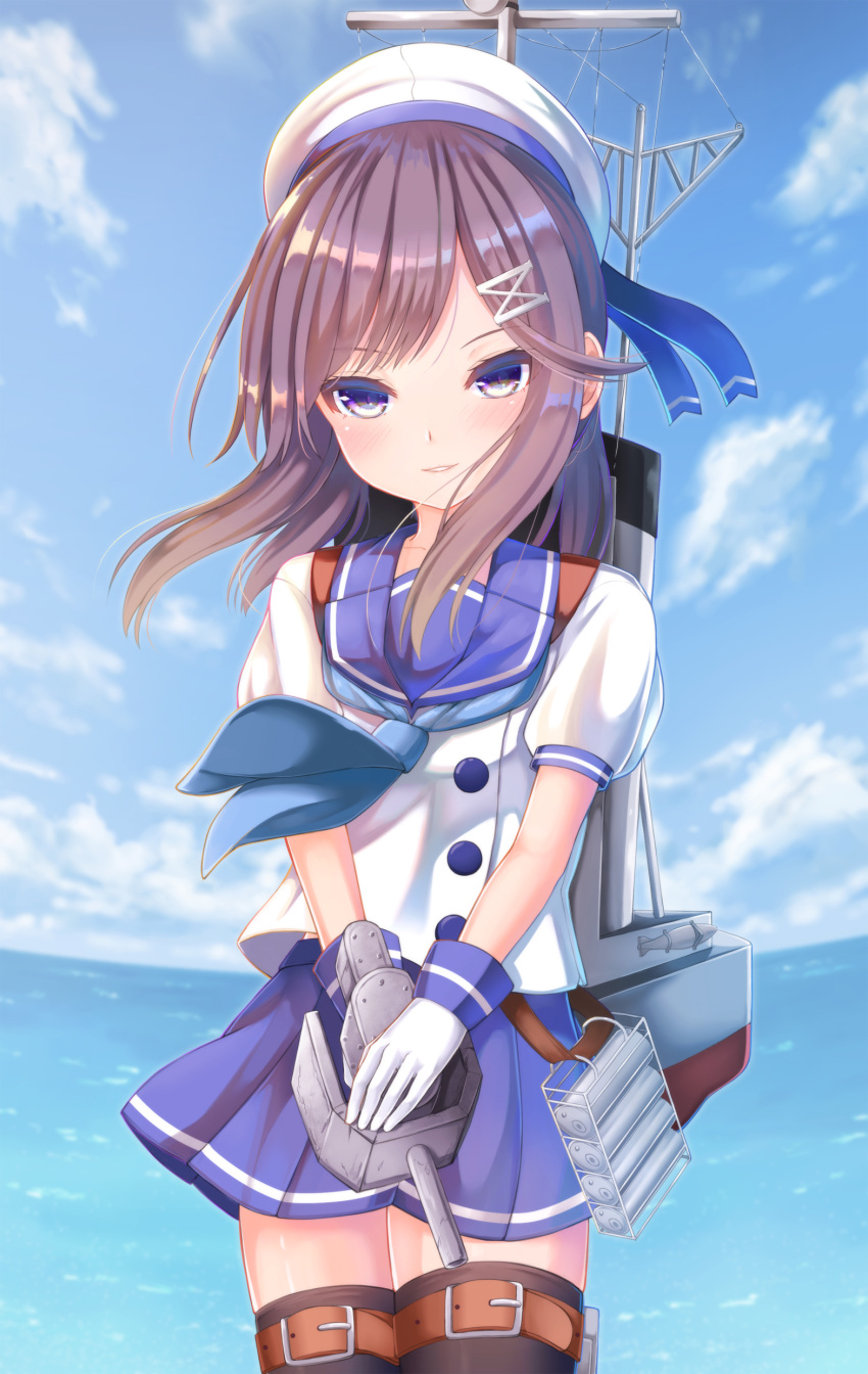 1girl absurdres aqua_neckwear black_legwear blue_skirt blue_sky closed_mouth clouds eyebrows_visible_through_hair hair_ornament hairclip hat highres kantai_collection kyuupura looking_at_viewer miniskirt neckerchief ocean purple_hair sailor_collar sailor_hat school_uniform short_sleeves skirt sky smile solo thighs torpedo_tubes tsushima_(kantai_collection) turret violet_eyes