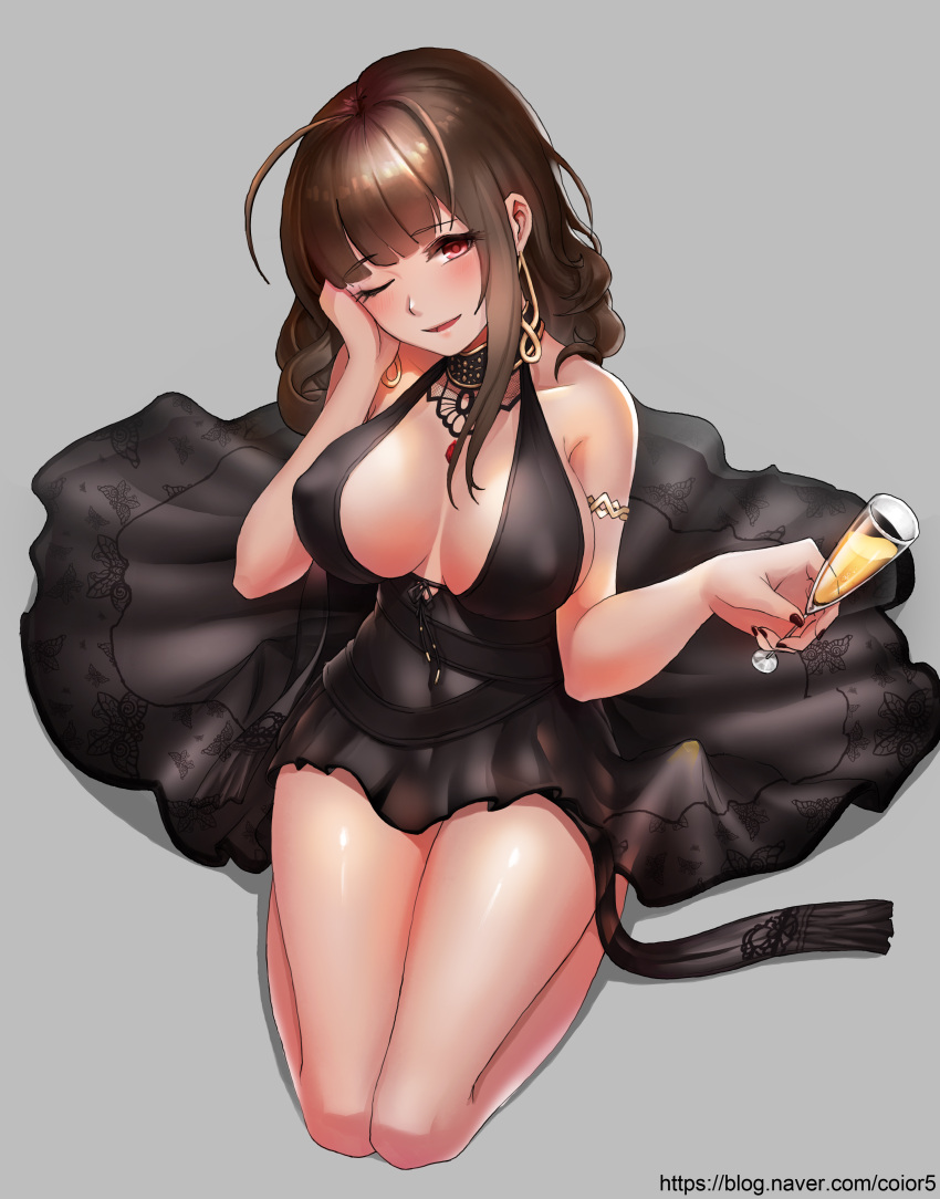 1girl absurdres ahoge alcohol alternate_costume alternate_hairstyle armlet bangs bare_shoulders black_dress blunt_bangs blush breasts brown_hair champagne_flute cleavage cup curly_hair dress drinking_glass dsr-50_(girls_frontline) earrings eyebrows_visible_through_hair girls_frontline hair_ornament halter_dress hand_to_own_cheek highres holding holding_cup jewelry large_breasts long_hair looking_at_viewer mingakk necklace one_eye_closed open_mouth red_eyes ruby_(stone) seiza sidelocks simple_background sitting smile solo thighs very_long_hair