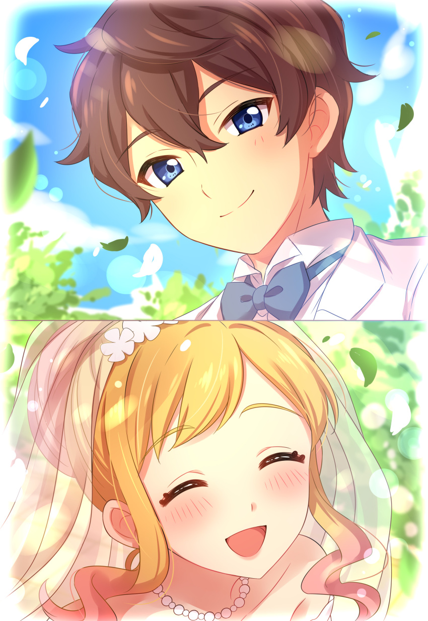 1boy 1girl :d absurdres aikatsu!_(series) aikatsu_stars! blonde_hair blue_eyes blue_sky blush bridal_veil brown_hair closed_eyes commentary_request couple day dress eyelashes gradient gradient_background hetero highres jewelry looking_at_viewer necklace nijino_yume open_mouth outdoors pearl_necklace sekina sidelocks sky smile veil wedding wedding_dress white_dress yuuki_subaru