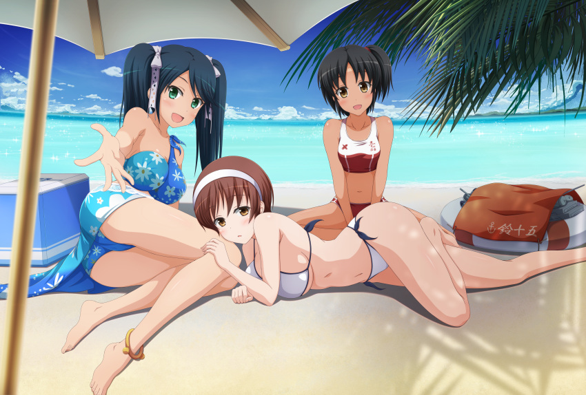 3girls absurdres alternate_costume anklet bangs beach beach_umbrella bikini black_hair blue_bikini blue_eyes blue_hair blush breasts brown_eyes brown_hair cleavage cooler day eyebrows_visible_through_hair floral_print hair_ribbon hairband headband highres huge_filesize indian_style innertube isuzu_(kantai_collection) jewelry kantai_collection large_breasts lifebuoy long_hair looking_at_viewer lying multiple_girls nagara_(kantai_collection) natori_(kantai_collection) navel ocean on_side one_side_up open_mouth outdoors reaching_out red_bikini resized ribbon sand sarong shira-nyoro short_hair side-tie_bikini sidelocks sitting small_breasts smile stomach swimsuit tan tanline thighs twintails umbrella upscaled white_bikini white_hairband yokozuwari