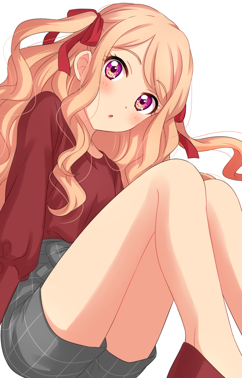 1girl absurdres aikatsu!_(series) bare_legs blouse blush character_request copyright_request eyebrows_visible_through_hair feet_out_of_frame grey_shorts hair_ribbon high_heels highleg_shorts highres legs_together long_hair long_sleeves looking_at_viewer multicolored multicolored_eyes orange_hair parted_lips red_blouse red_footwear red_ribbon ribbon sekina shorts simple_background sitting solo two_side_up violet_eyes white_background wide-eyed