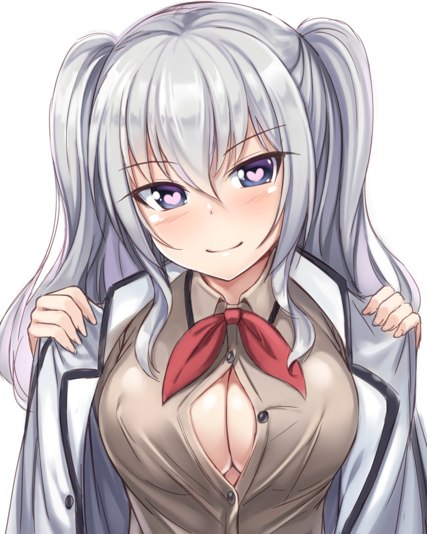 1girl blue_eyes blush bow bowtie breasts brown_shirt cleavage_cutout closed_mouth covered_nipples eyebrows_visible_through_hair hair_between_eyes heart heart-shaped_pupils heart_in_eye highres jacket kageira kantai_collection kashima_(kantai_collection) large_breasts long_hair looking_at_viewer no_bra open_clothes red_neckwear shirt silver_hair simple_background smile solo symbol-shaped_pupils symbol_in_eye twintails white_background white_jacket