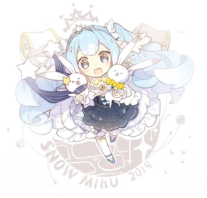 &gt;_&lt; 1girl 2019 :d animal bangs beamed_eighth_notes blue_eyes blue_footwear blue_hair blue_skirt blush_stickers character_name commentary_request eyebrows_visible_through_hair hatsune_miku heart holding holding_animal lf looking_at_viewer musical_note musical_note_print open_mouth quarter_note rabbit shirt shoes skirt smile snowflakes standing standing_on_one_leg star thigh-highs tiara twintails vocaloid white_background white_legwear white_shirt yuki_miku yukine_(vocaloid)