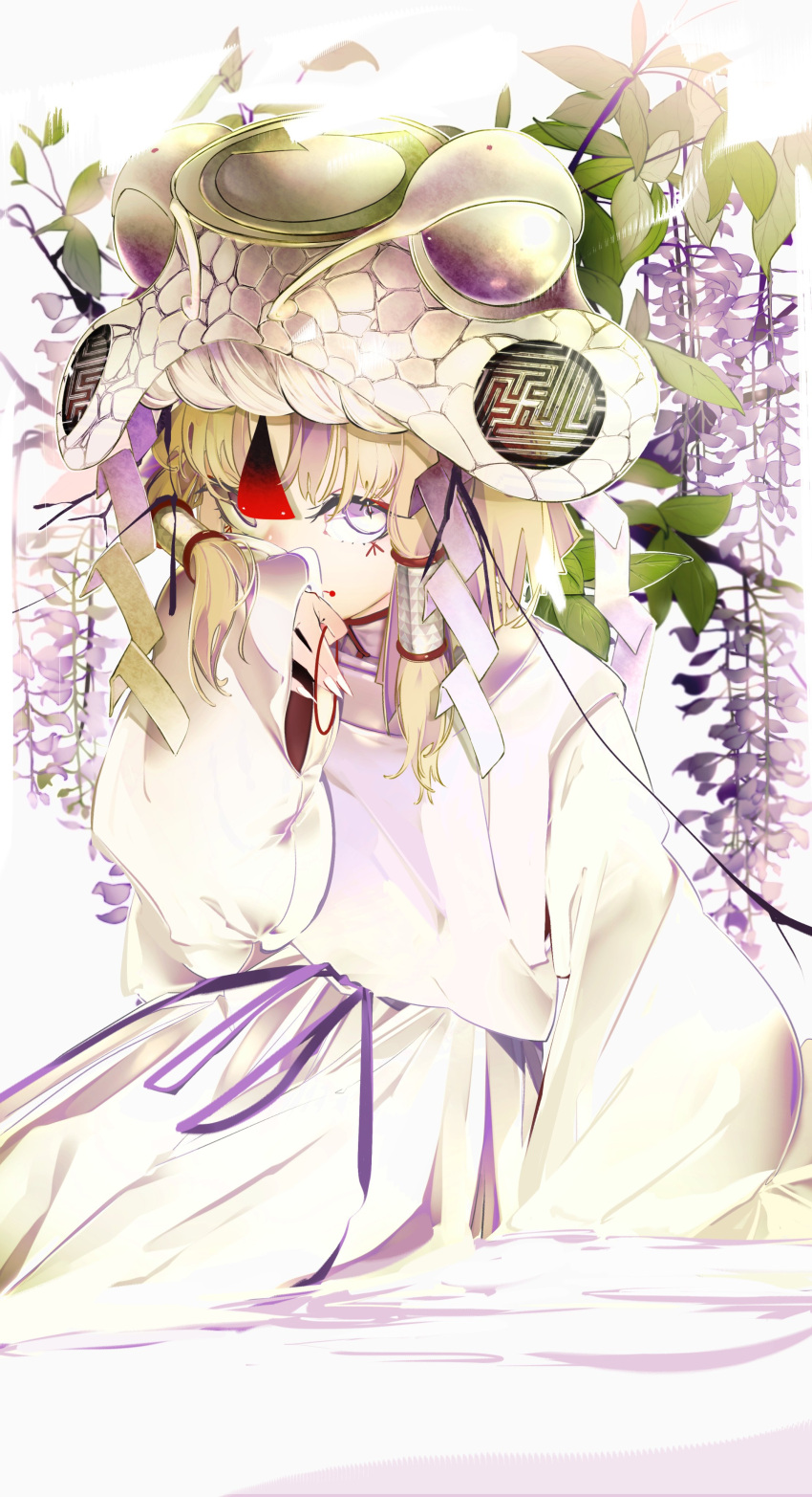 1girl absurdres alternate_costume alternate_headwear arm_support bangs blonde_hair commentary covering_mouth diamond-shaped_pupils diamond_(shape) dress facial_tattoo flower hair_tie hair_tubes hand_up hat highres holding holding_tie japanese_clothes leaf long_sleeves looking_at_viewer maimuro mandarin_collar moriya_suwako one_eye_covered purple_flower purple_ribbon revision ribbon robe rope sayagata scales shide shimenawa short_hair sideways_glance simple_background sitting sleeves_past_wrists solo swastika symbol-shaped_pupils tattoo touhou violet_eyes white_background white_dress white_headwear white_robe wide_sleeves wisteria