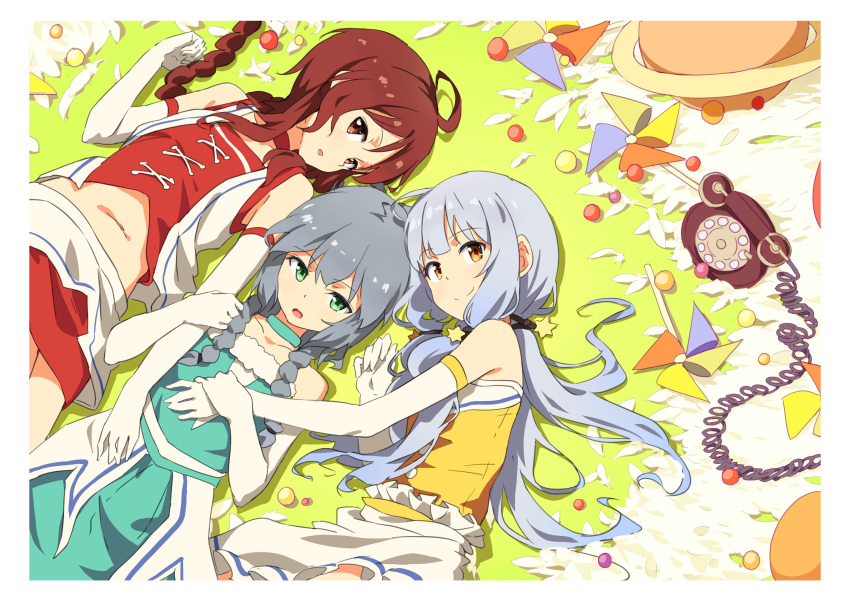3girls absurdres bare_shoulders braid brown_eyes brown_hair character_request closed_mouth corded_phone elbow_gloves eyebrows_visible_through_hair gloves green_eyes grey_hair hair_ornament hand_up highres looking_at_viewer low_twintails luo_tianyi lying multiple_girls navel on_back on_side orange_eyes phone pinwheel red_skirt skirt smile star star_hair_ornament tomato_(lsj44867) twin_braids twintails vest vocaloid vocanese white_gloves white_skirt xingchen