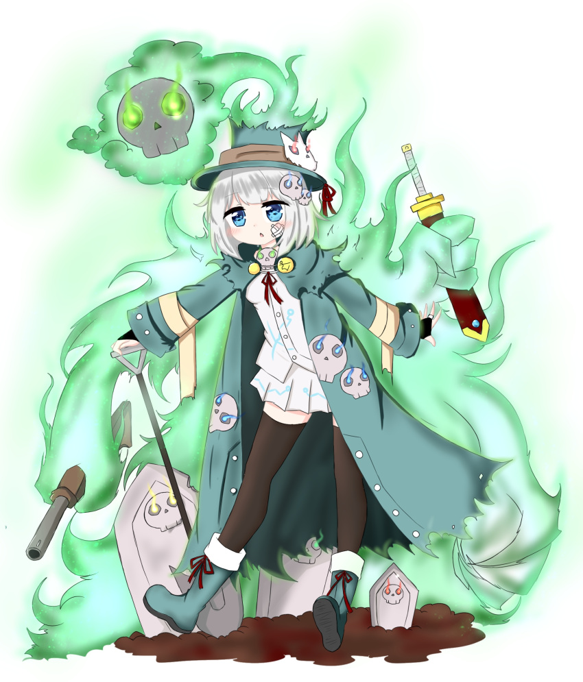 1girl bailingxiao_jiu bangs black_legwear blue_eyes blush boots bridal_gauntlets chestnut_mouth coat commentary_request dress_shirt eyebrows_visible_through_hair glowing glowing_eyes green_coat green_footwear green_hat gun hat highres holding holding_sword holding_weapon long_sleeves open_clothes open_coat original parted_lips pleated_skirt rifle shirt silver_hair skirt skull solo sword thigh-highs tombstone weapon white_shirt white_skirt wide_sleeves