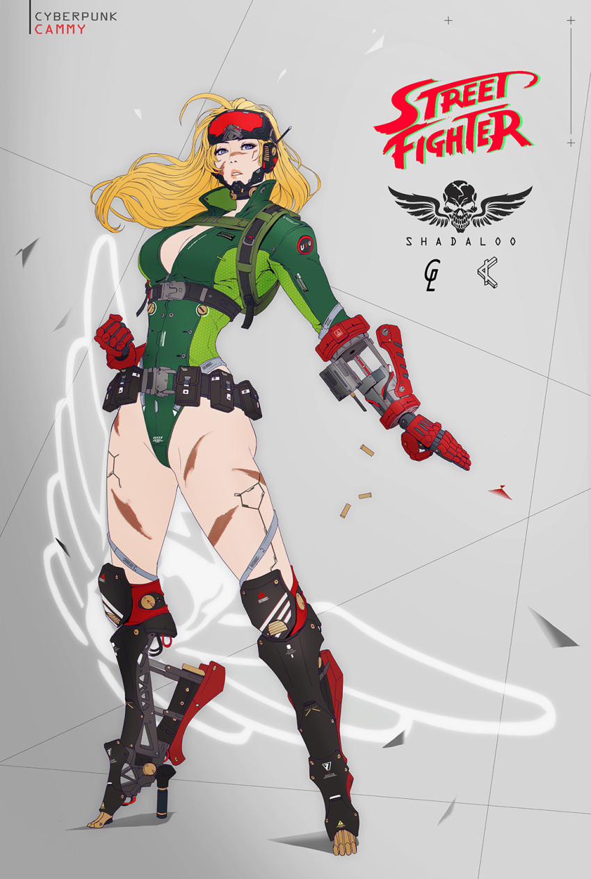 1girl ammunition ammunition_pouch artificial_legs belt blonde_hair blue_eyes bodypaint breasts buckle cammy_white camouflage cleavage clenched_hand collar goggles goggles_on_head green_leotard grey_background headset high_collar highleg highleg_leotard highres leotard long_hair looking_at_viewer machinery mechanical_arm mechanical_legs medium_breasts outstretched_hand park_junkyu parted_lips pouch prosthesis prosthetic_arm prosthetic_leg scar shell_casing sideboob standing steampunk strap street_fighter thong_leotard unzipped