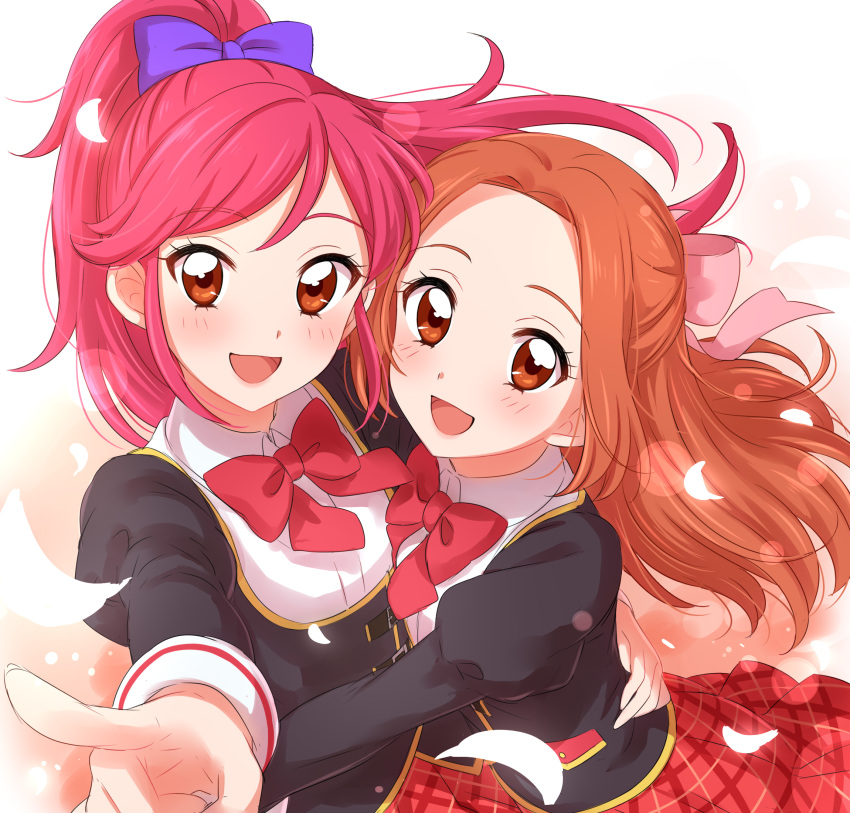 2girls :d aikatsu! aikatsu!_(series) blue_bow blush bow bowtie brown_hair checkered checkered_skirt collared_shirt eyebrows_visible_through_hair fingernails hair_bow hair_ribbon highres hug juliet_sleeves long_sleeves looking_at_viewer multiple_girls open_mouth otoshiro_noel otoshiro_seira pink_hair pink_ribbon pleated_skirt pointing pointing_at_viewer ponytail puffy_sleeves red_eyes red_neckwear red_skirt ribbon sekina shirt siblings sisters skirt smile white_shirt wing_collar