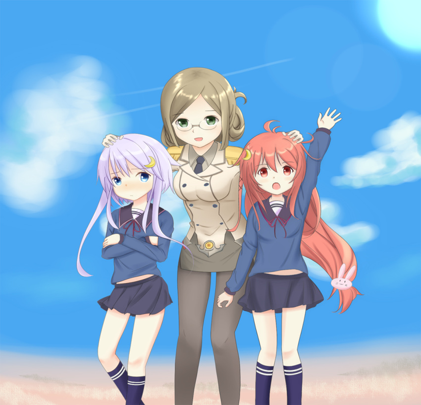 3girls arm_up blue_eyes blue_legwear blue_sky epaulettes glasses green_eyes kantai_collection katori_(kantai_collection) light_brown_hair long_hair multiple_girls necktie pantyhose pink_hair purple_hair red_eyes short_hair sidelocks sky uzuki_(kantai_collection) yayoi_(kantai_collection)