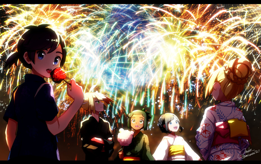 2girls 3boys alternate_hairstyle black_hair blonde_hair blue_eyes brother_and_sister candy_apple closed_mouth cotton_candy creatures_(company) crossed_arms dark_skin dark_skinned_male fireworks food from_behind game_freak gladio_(pokemon) green_eyes hau_(pokemon) highres japanese_clothes kimono lillie_(pokemon) long_hair long_sleeves miu_(miuuu_721) mizuki_(pokemon) multiple_boys multiple_girls nintendo obi open_mouth pokemon pokemon_(game) pokemon_sm sash short_hair short_sleeves siblings signature twitter_username wide_sleeves you_(pokemon) yukata
