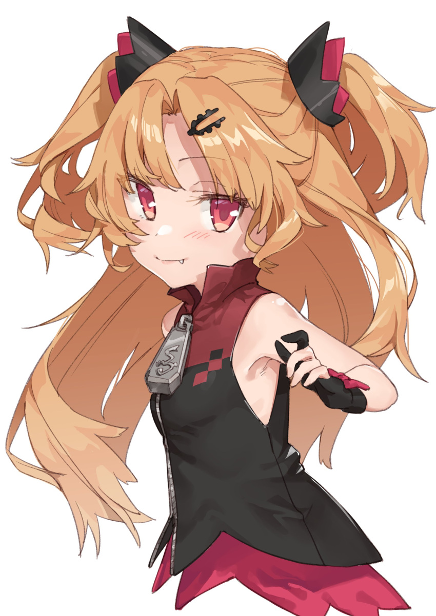 1girl absurdres akatsuki_yuni armpits bangs bare_shoulders black_gloves black_vest blonde_hair fang_out gloves hair_ornament hairclip highres light_blush long_hair looking_at_viewer muchi_maro parted_bangs partly_fingerless_gloves red_eyes simple_background smile solo two_side_up uni_channel upper_body vest white_background zipper