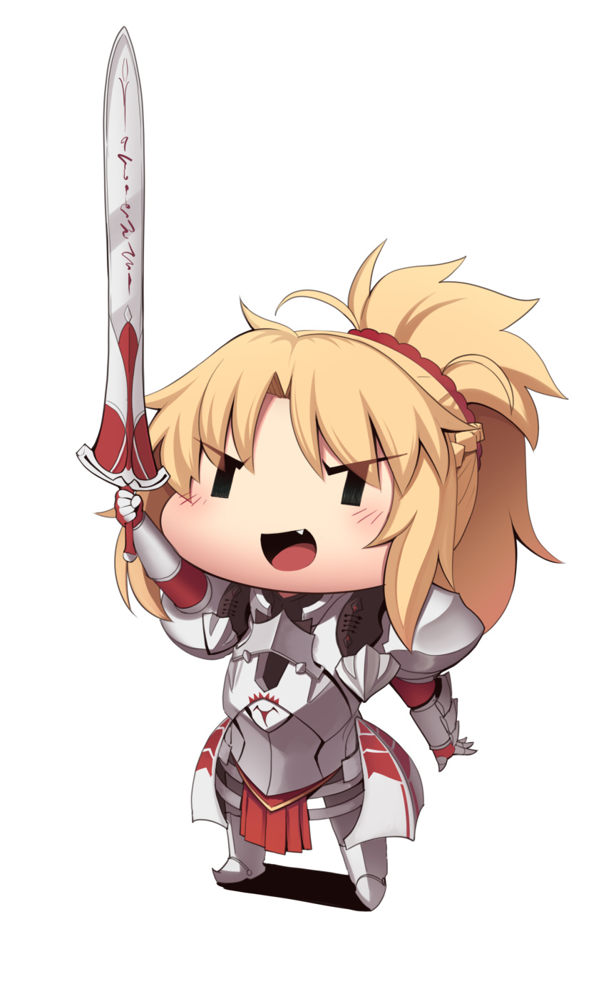 1girl :d armor blonde_hair blush boa_(brianoa) breastplate chibi fang fate/apocrypha fate_(series) full_body gauntlets gorget greaves hand_up highres holding holding_sword holding_weapon mordred_(fate) mordred_(fate)_(all) open_mouth pauldrons pelvic_curtain ponytail smile solo sword transparent_background weapon ||_||