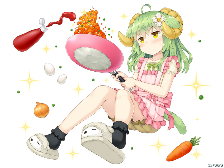 &gt;:( 1girl ahoge animal_ears apron asatsuki_(monmusu_harem) bangs black_legwear blush carrot closed_mouth collarbone company_name cooking egg eyebrows_visible_through_hair flower food fried_rice frilled_apron frills frying_pan full_body green_hair green_ribbon hair_between_eyes hair_flower hair_ornament holding holding_frying_pan horns jewelry ketchup ketchup_bottle long_hair looking_away monmusu_harem namaru_(summer_dandy) official_art onion peas pink_apron pocket ribbon ring sheep_ears sheep_girl sheep_horns shiny shiny_hair shirt short_sleeves sidelocks simple_background slippers socks solo sparkle sweatdrop v-shaped_eyebrows wedding_band white_background white_flower white_footwear white_shirt yellow_eyes