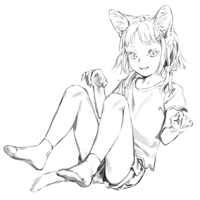 1girl animal_ears boyshorts cat_ears cat_tail fangs fingernails greyscale hair_bobbles hair_ornament hairclip highres looking_at_viewer monochrome original sharp_fingernails shirt short_hair short_sleeves simple_background slit_pupils smile socks solo tail tunapon01 white_background