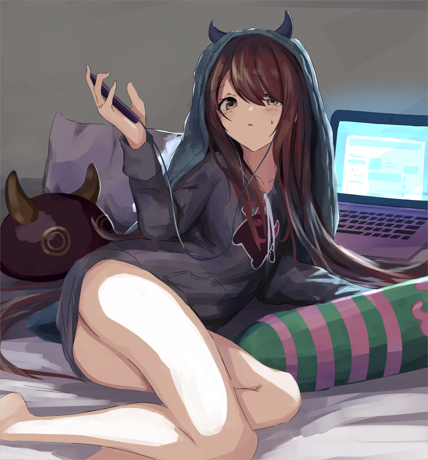 1girl arm_up ass bangs bare_legs barefoot bed_sheet black_hoodie blush brown_eyes brown_hair cellphone commentary_request computer cushion doran_(dorannomai) eyebrows_visible_through_hair glowing hair_between_eyes highres holding holding_cellphone holding_phone hood hoodie horns idolmaster idolmaster_shiny_colors laptop long_hair long_sleeves lying on_side oosaki_tenka parted_lips phone pillow solo sweat very_long_hair