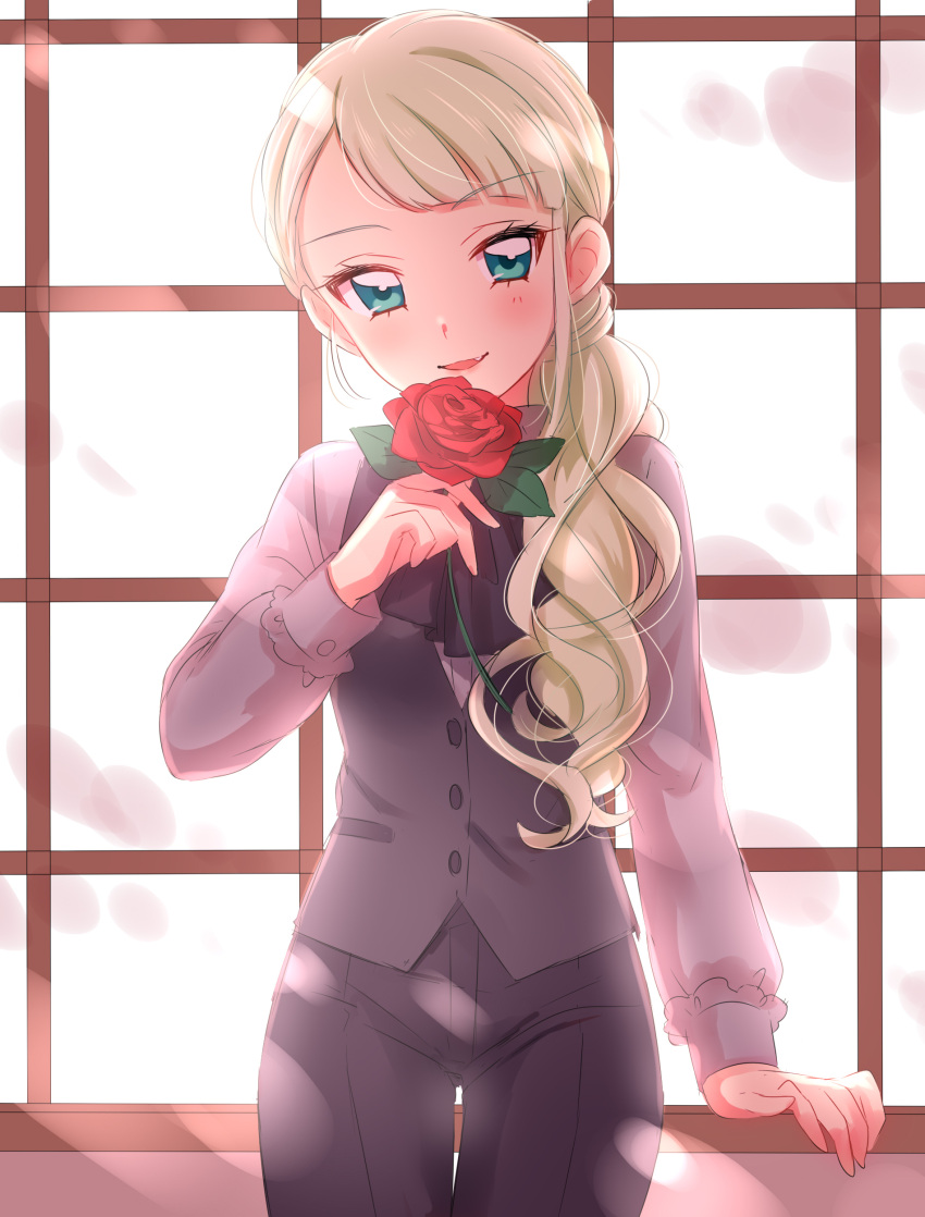 1girl :d absurdres aikatsu! aikatsu!_(series) bangs black_neckwear black_pants black_vest blonde_hair blouse blue_eyes blunt_bangs blush cowboy_shot cravat day eyebrows_visible_through_hair fang flower hair_over_shoulder highres holding holding_flower long_hair long_sleeves looking_at_viewer open_mouth pants parted_lips red_flower red_rose rose sekina smile solo standing toudou_yurika vest window