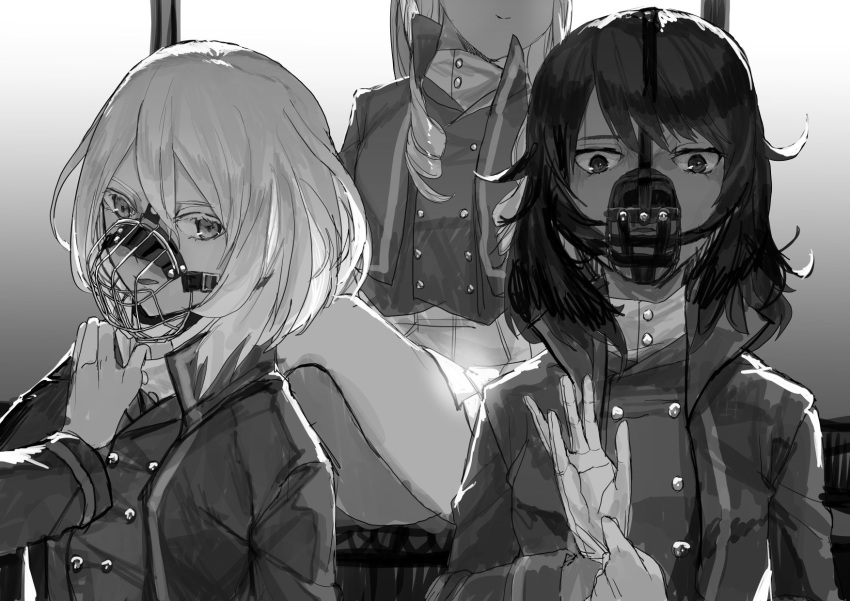 3girls andou_(girls_und_panzer) bangs bc_freedom_military_uniform closed_mouth commentary_request dress_shirt eyelashes girls_und_panzer glove_pull gloves greyscale head_out_of_frame high_collar highres itou_(golem_inc) jacket legs_crossed light_frown long_sleeves looking_at_viewer marie_(girls_und_panzer) medium_hair messy_hair military military_uniform miniskirt monochrome multiple_girls muzzle oshida_(girls_und_panzer) pleated_skirt shirt sitting skirt smile throne uniform vest