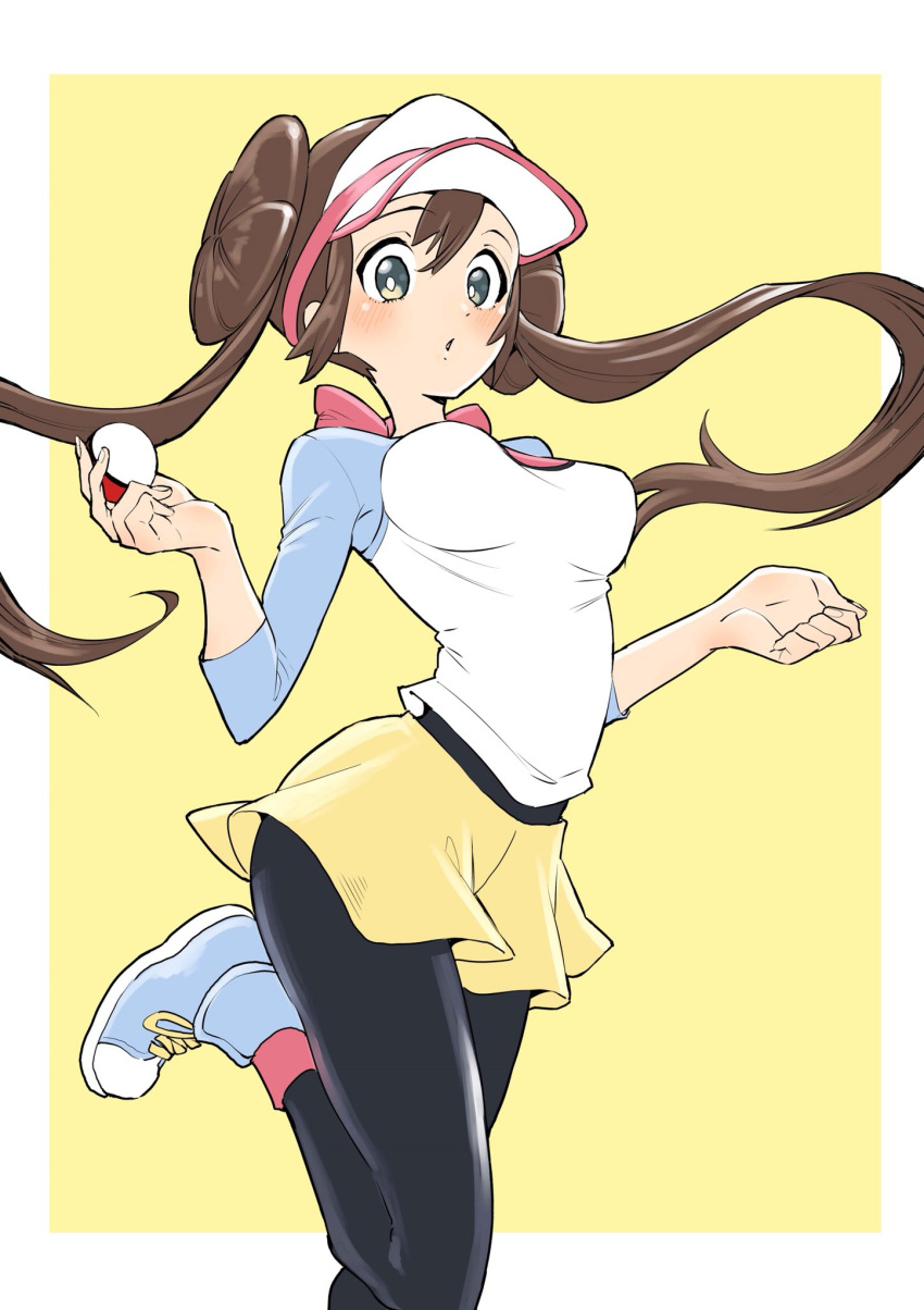 1girl black_legwear blue_eyes blush breasts brown_hair creatures_(company) double_bun full_body game_freak hair_bun highres hirakata_masahiro looking_at_viewer low_twintails medium_breasts mei_(pokemon) nintendo pantyhose parted_lips poke_ball pokemon pokemon_(game) pokemon_bw2 shirt shorts solo twintails visor_cap yellow_shorts